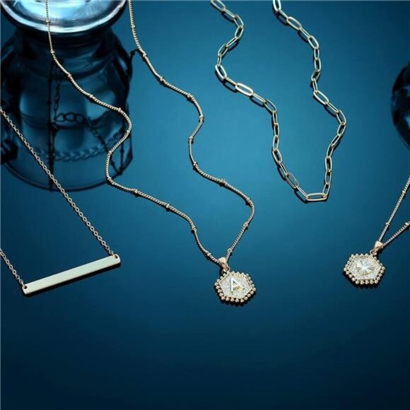 Gold Layered Initial Necklaces for Women, 14K Gold Plated Bar Necklace Handmade - Picture 6 of 7